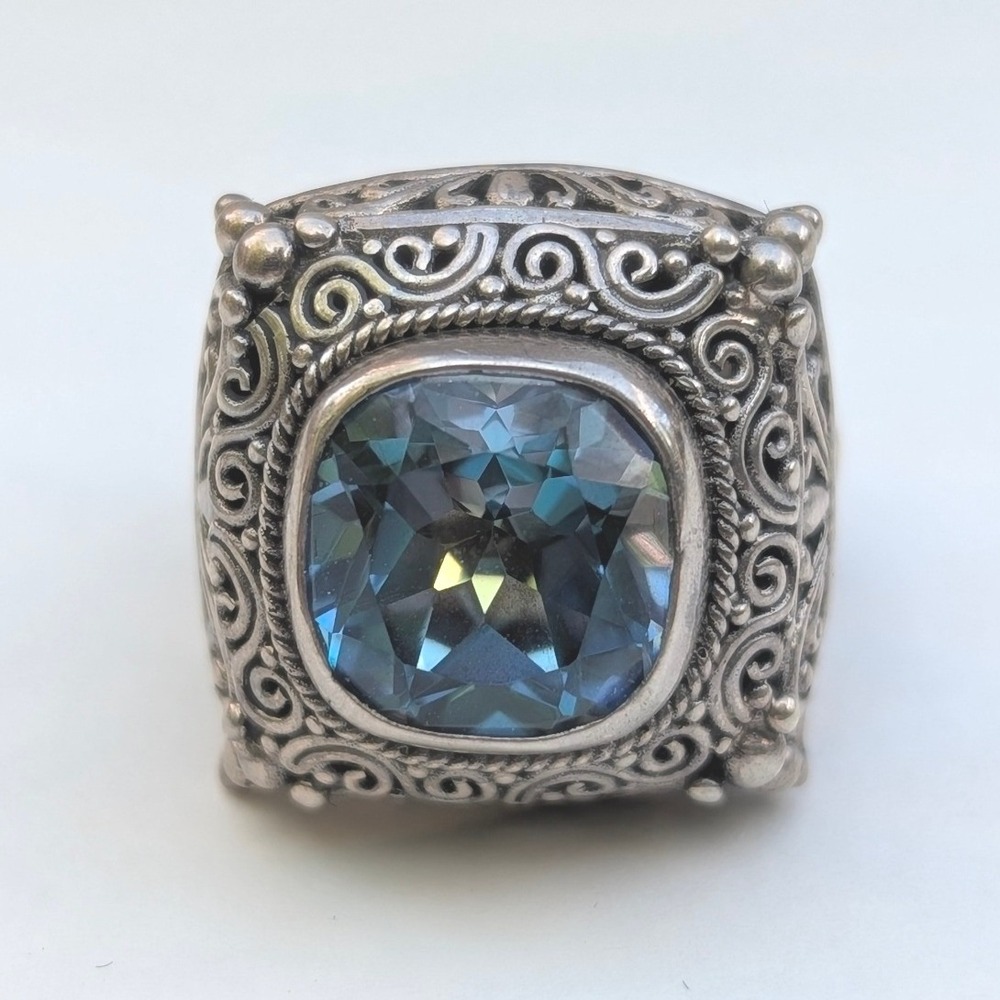 Sarda Sterling Silver 925 Blue Topaz Filigree Bali Scroll Cocktail Ring Size 7